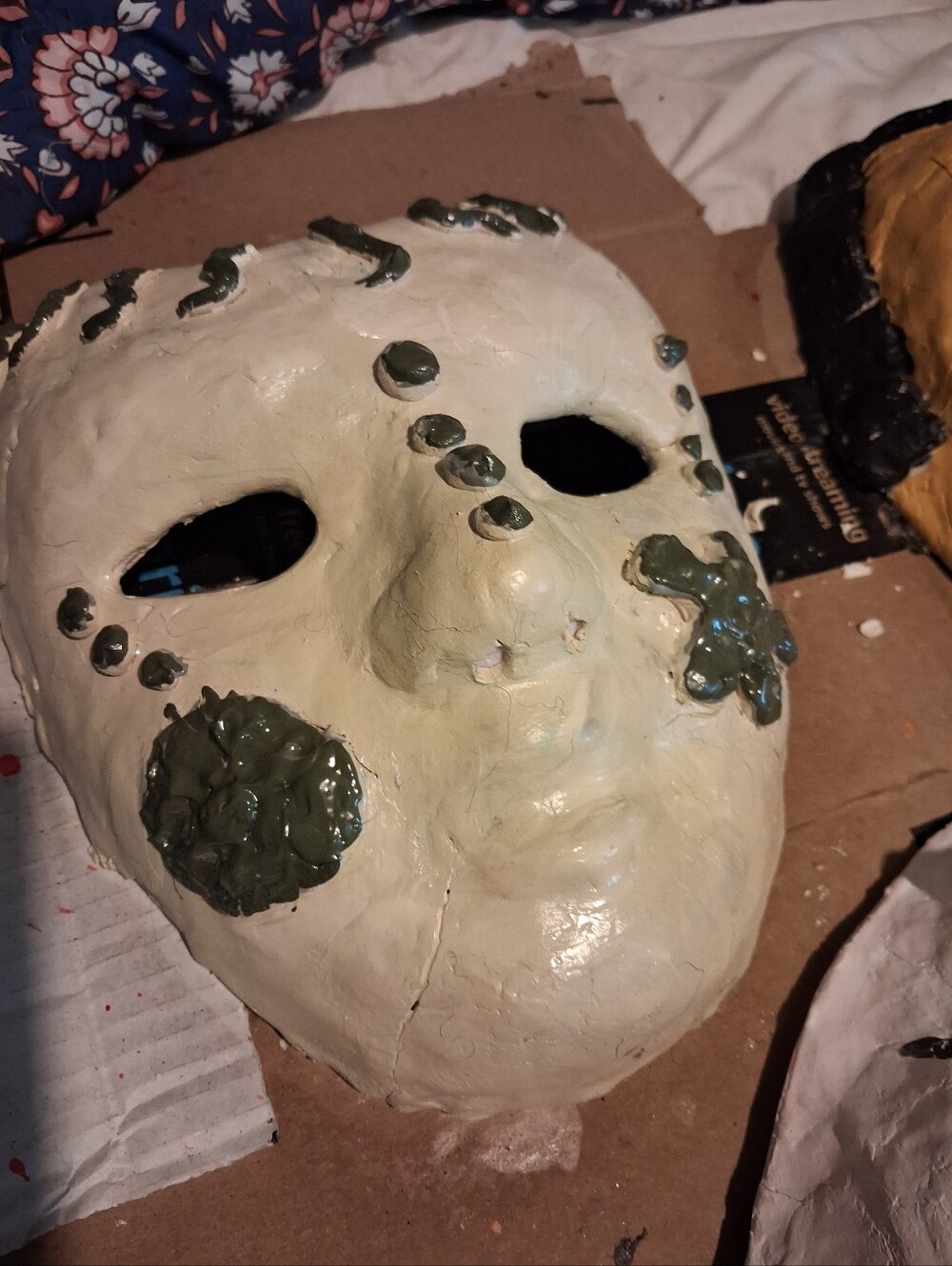 Handmade ClayHand-Painted Face Mask Wall Art - Cream with Olive Accents